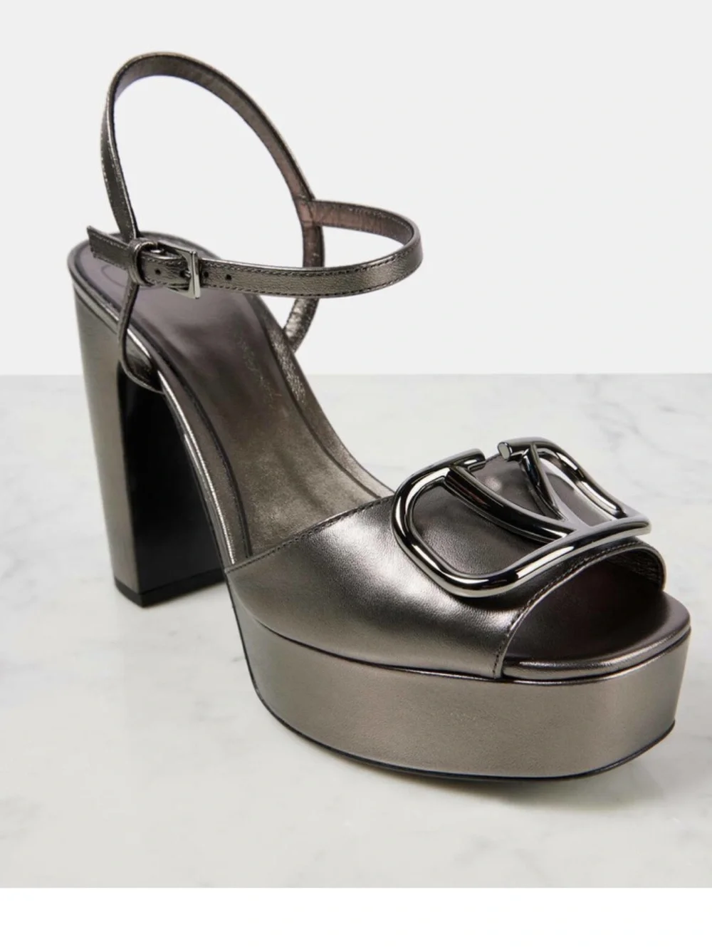 Valentino Garavani Metallic Gunmetal VLogo Platform Sandals